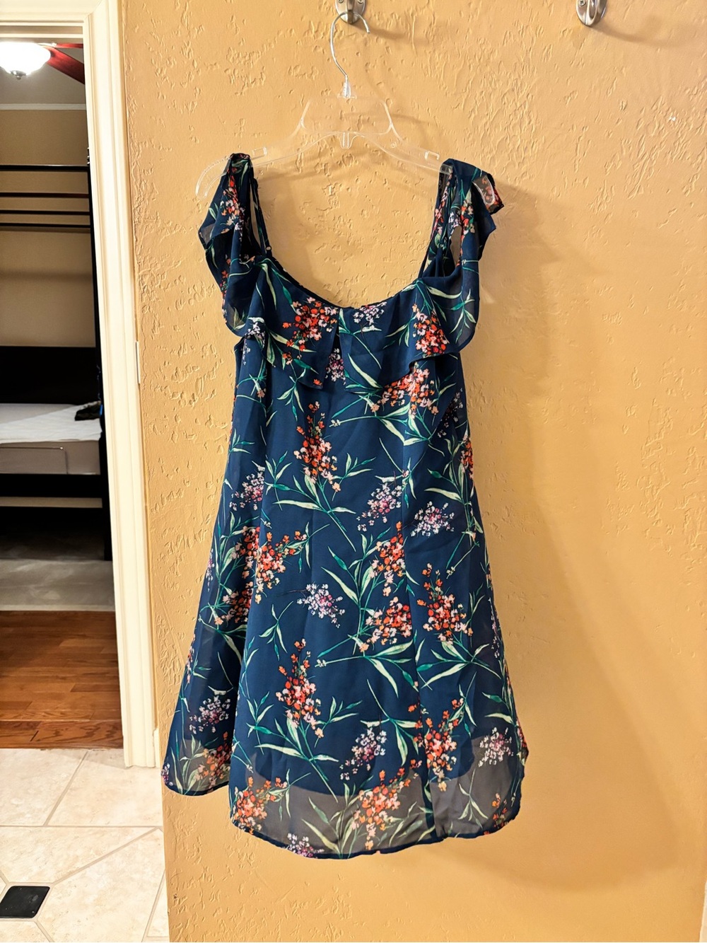 Wayf Navy Floral Ruffle-Shoulder Dress